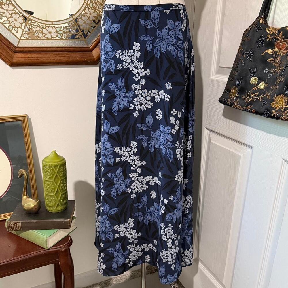 VTG Y2K / 90s Katherine Kelly Dark & Light Blue Floral Cottagecore Silk Skirt